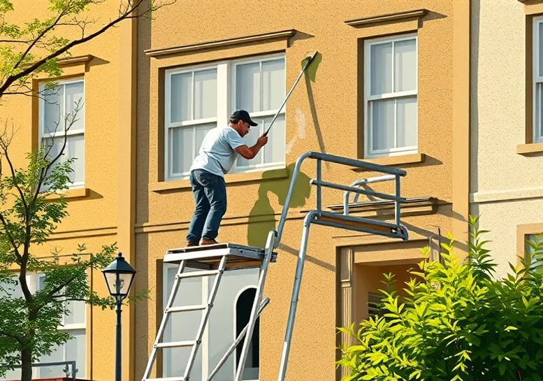 Peintre sur échafaudage traitant la façade d'une maison